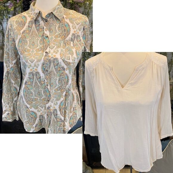 Merona 2 pc Women's XXL teal paisley button down and cream v neck peasant tops - Picture 1 of 16